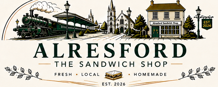 Alresford The Sandwich Shop — illustration of the high street with steam train, church and the shop