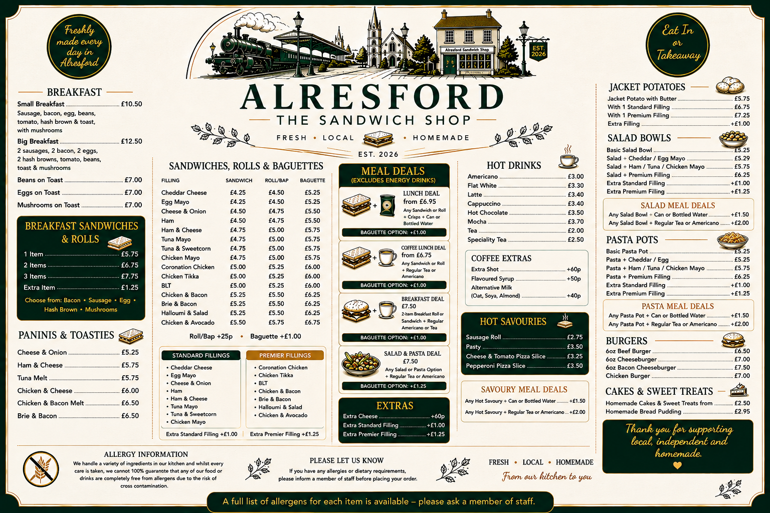 Full Alresford Sandwich Shop menu board with prices